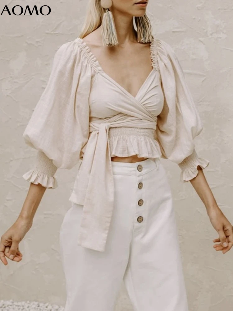 

Женская рубашка в стиле ретро AOMO, бежевая Укороченная рубашка с квадратным вырезом и вырезом-лодочкой, шикарные женские топы 8M07A, 2022