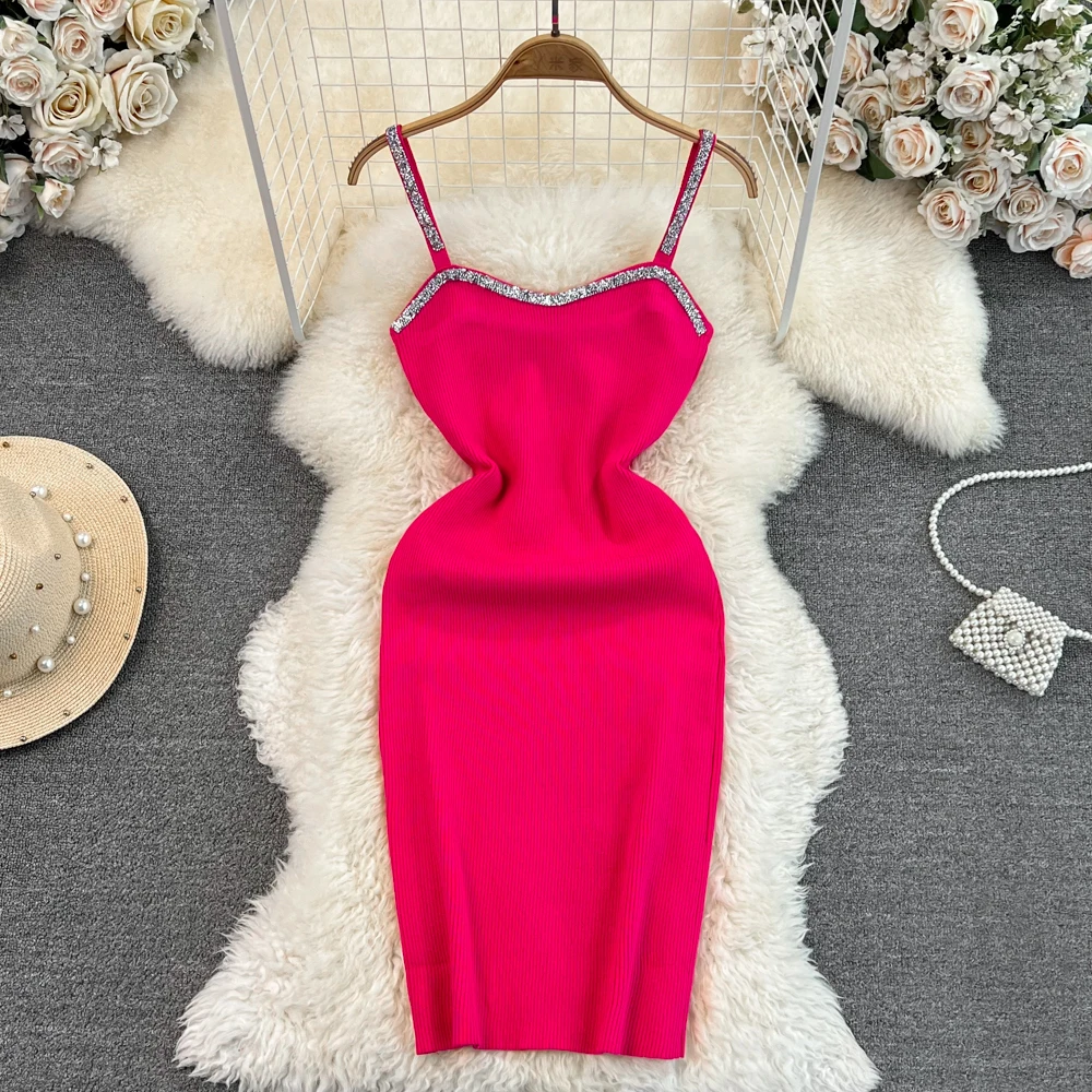 

Elegant Sleeveless Off Shoulder Slip Knit Bodycon Dress Korean Fashion Party Vestidos Chic Summer Sexy Tight Women Dress Ins