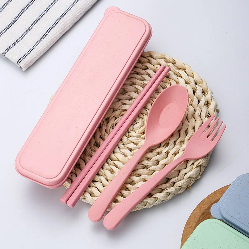 

4Pcs/set Tableware Spoon Fork Chopsticks Knife Cutlery Portable Wheat Straw Tableware with Box for Children Adult Travel Use