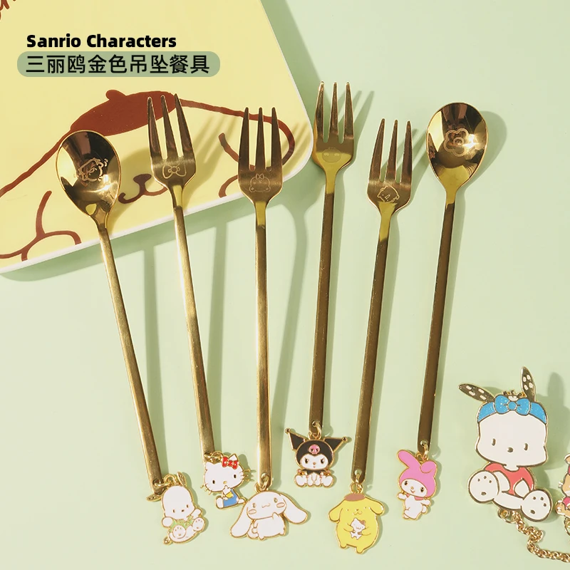 

Kawaii Sanrios Tableware Cinnamoroll My Melody Gold Pendant Tableware Fork Spoon Set of 2 Cinnamoroll Pachacco Fruit Fork