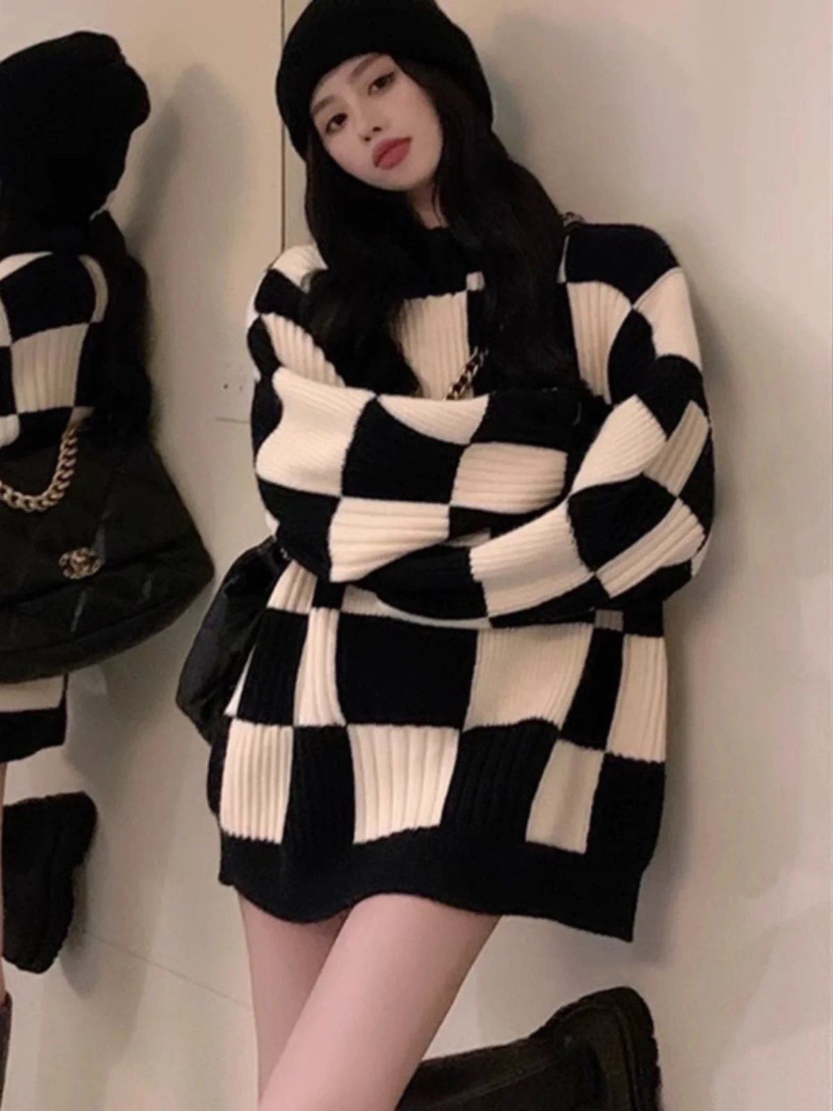 Ретро Гонконг Sle Chessboard Grid Свитер Женский с круглым вырезом Осень и зима Новый