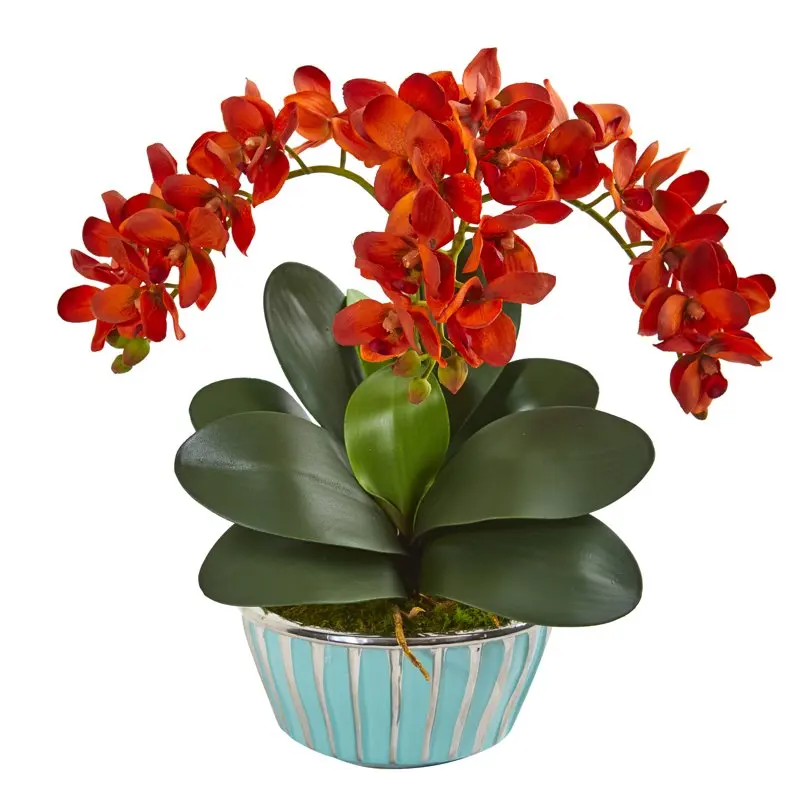 

Exceptionally Appealing Orange & Turquoise Phalaenopsis Orchid Artificial Flower Arrangement in Deluxe Designer Vase for Perking