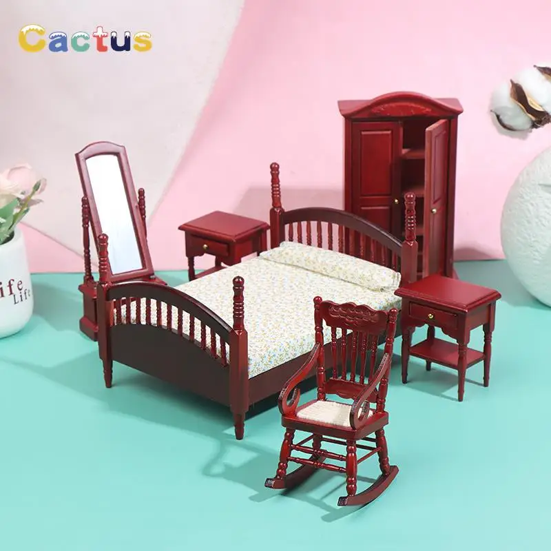 

6Pcs/set 1:12 Dollhouse Miniature Bedroom Furniture Bed Chair Cabinet Dresser