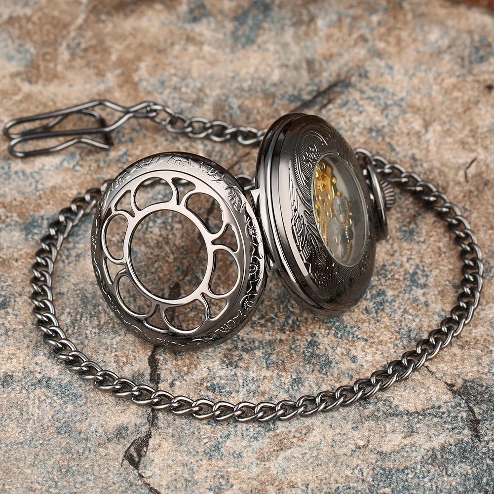 Elegant Black Skeleton Flower Manual Mechanical Pocket Watch Rose Gold Roman Numerals Dial Antique Hand Winding Vintage Clock