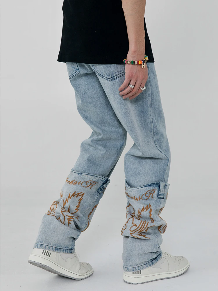 Джинсы IEFB мужские с вышивкой винтажные длинные брюки из денима в стиле пэчворк