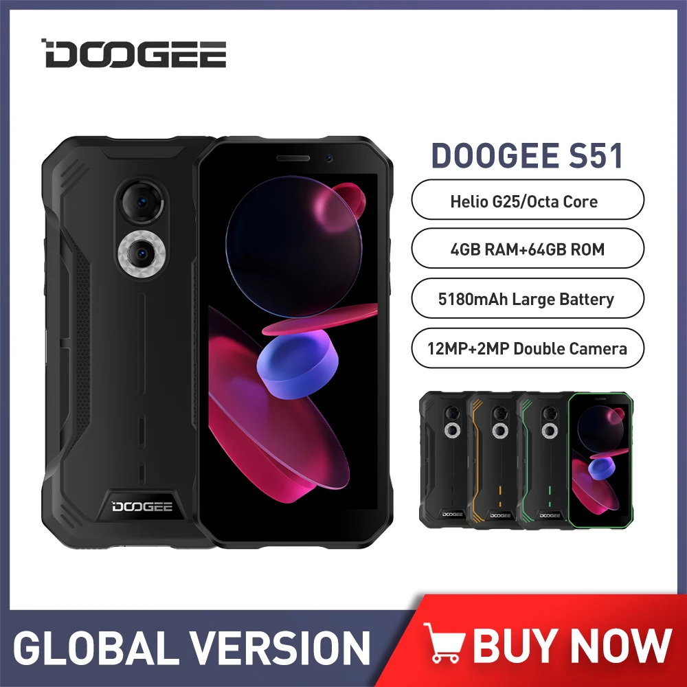 

New DOOGEE S51 Smartphone 4GB +64GB 6.0" HD Octa Core Cellphone 12MP AI Double Camera 5180mAh Rugged Phone 8MP Front Camera