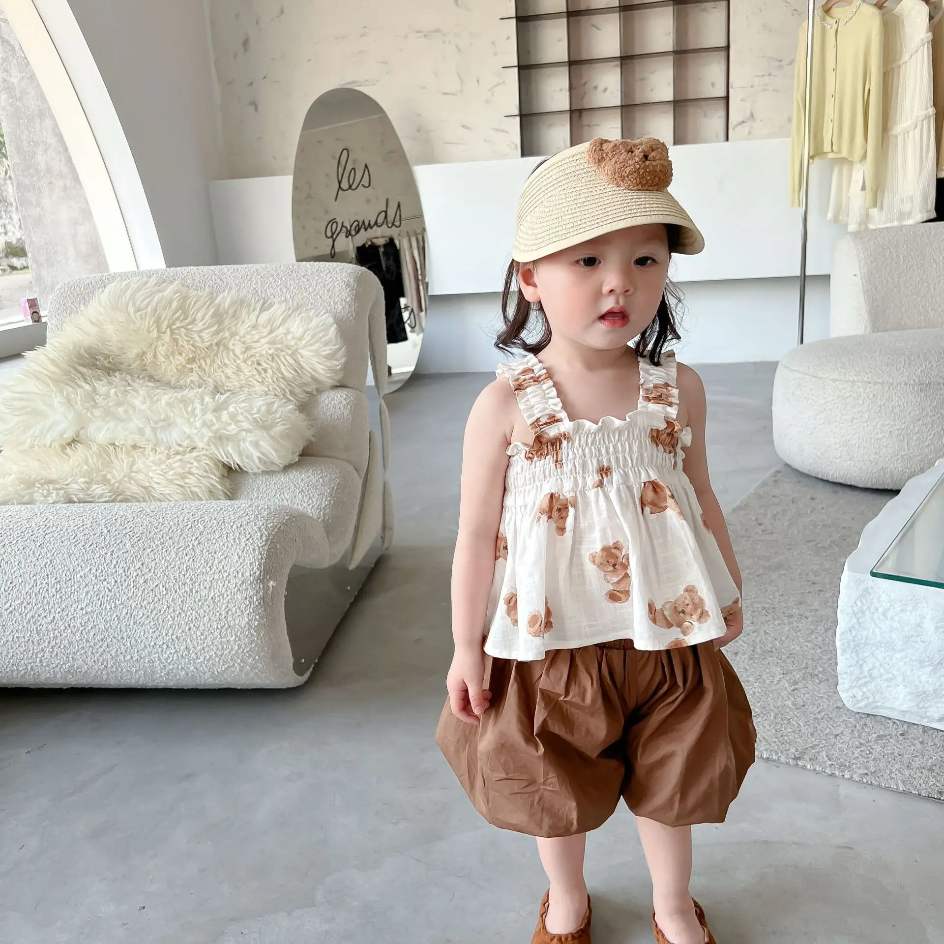 

2022 Summer New Girls Vest + Shorts 2pcs Suit Cute Bear Print Children Casual Clothes Set Cotton Princess Baby Clothing Outfits