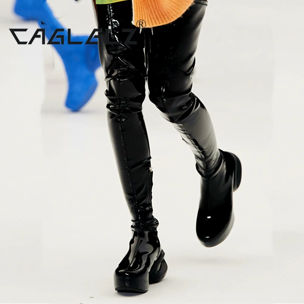 2023CAGLGLZ Lacquer leather knee boots, elastic fashion banquet, sexy runway show, thick soled thigh boots for women