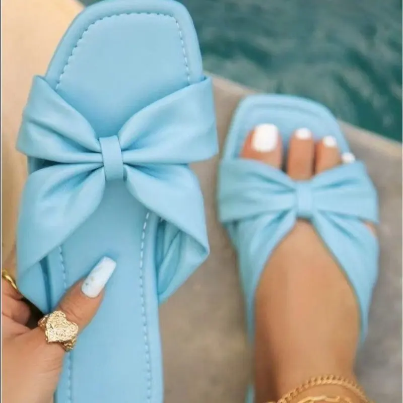 

Bowknot Slippers Summer Flats Women's Flipflops Elegant Open Toe Woman Shoes Black Beach Slides Square Toe Female Flat Sandals