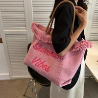 letters embroidery canvas tote bag women fashion large capacity tassel shoulder bag female designer brand casual womens handbag