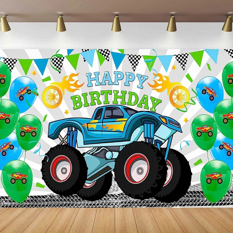 

Photography Backdrop Monster Truck Theme Birthday Party Decoration For Boys Girls Racing Cars Flag Background Photo Booth Props