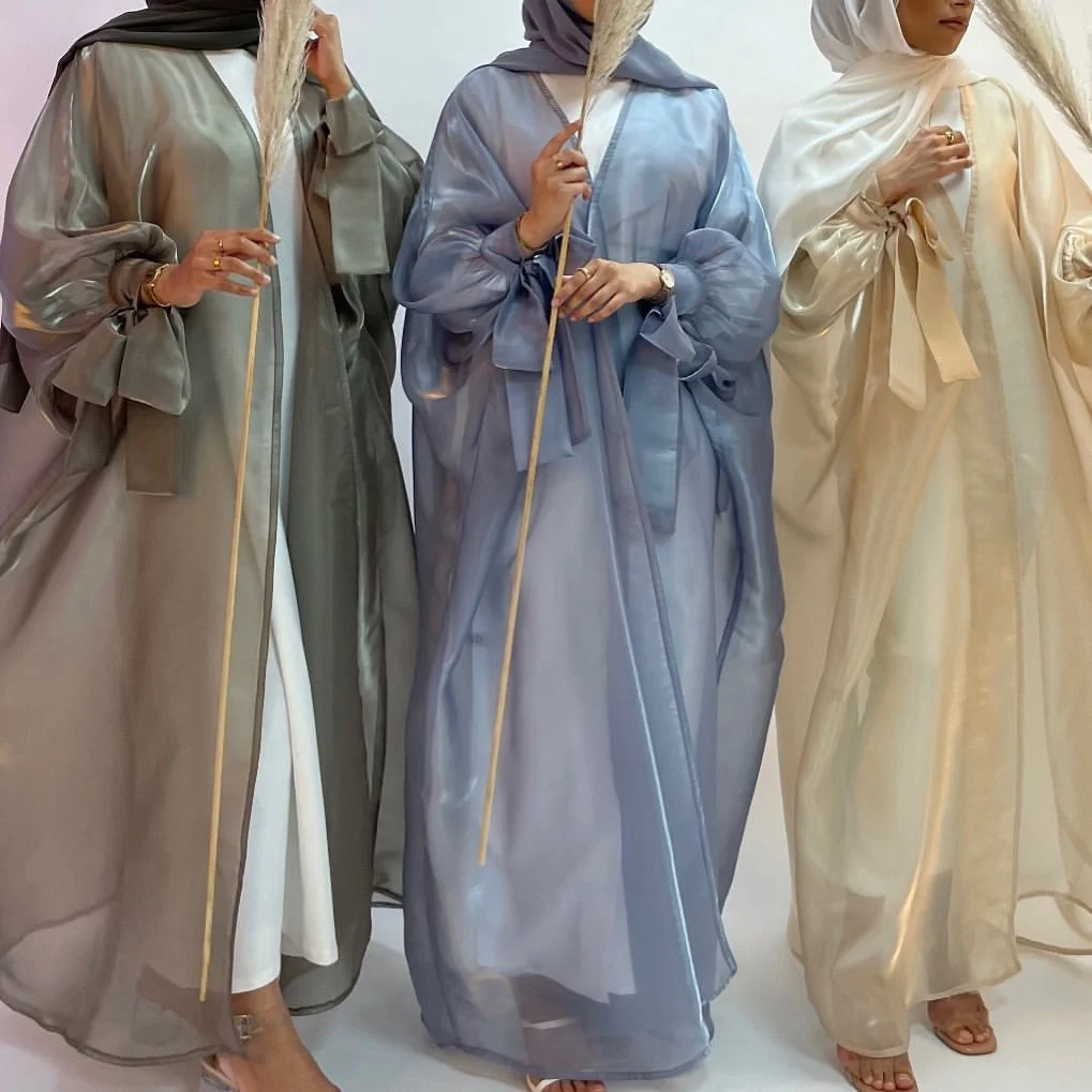 Eid Abaya Dubai Puff Sleeves Muslim Dress Silky Turkey Kaftans For Women Modest Dresses Robe Kimono Islam Abayas Femme Musulmane