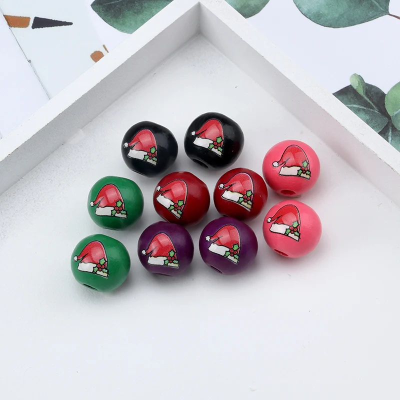 

DIY 20Pcs/Pack 16mm Christmas Hat Hemu Printing Round Wooden Beads Decorations for Xmas New Year Santa Claus Party Celebrate
