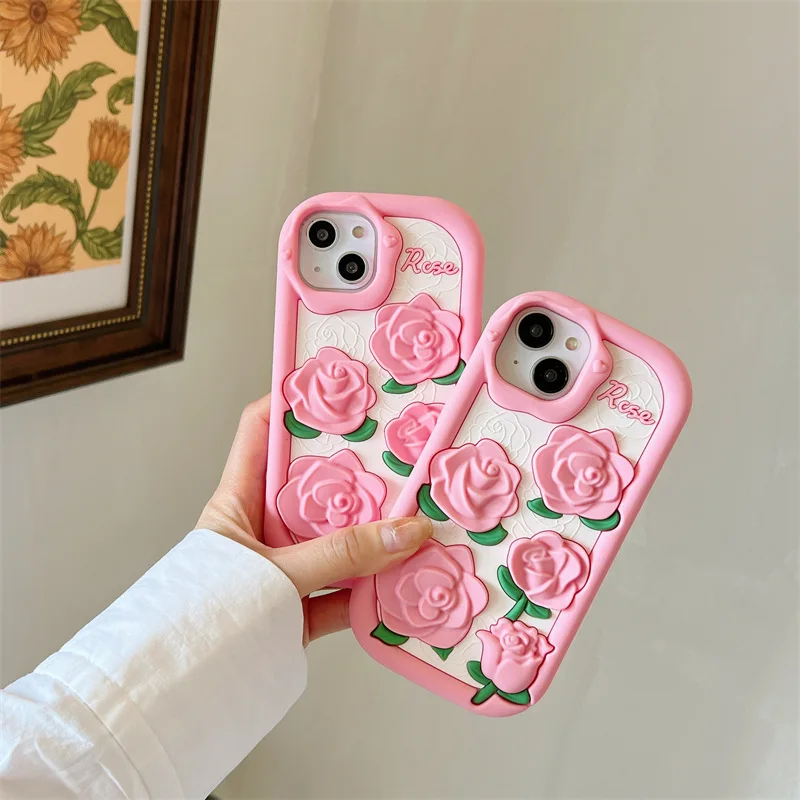 

3D Silicone Pink Rose Blossoms Phone Case Cover for IPhone 11 12 13 14 Pro Max Shockproof Cases for IPhone 14 Pro Max Case