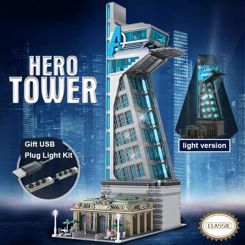 

IN STOCK 5883PCS 55120 Hero Tower Iron Tower Man Base Model with LED Lights Building Block Bricks Toys Birthday Christmas Gifts