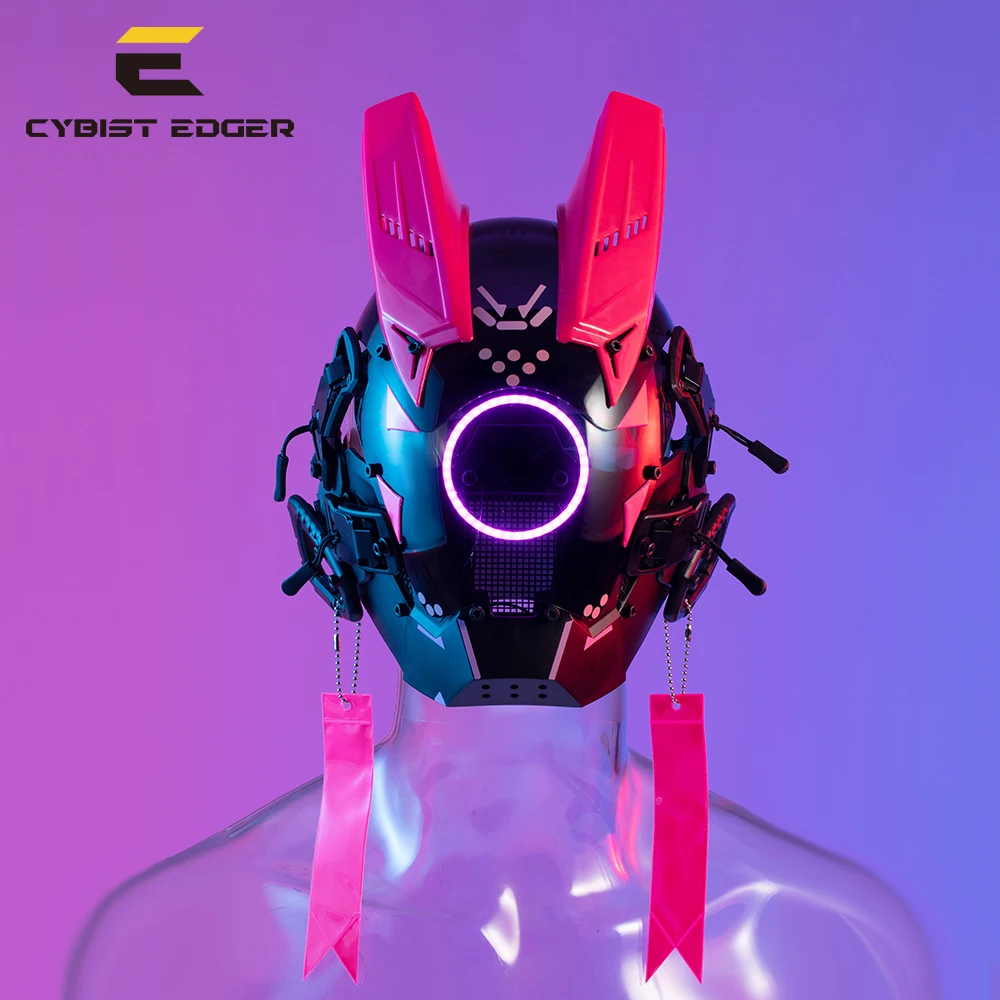 

CyberPunk Mask Night City Halloween Festival LED Samurai Circular Pink LED Cosplay SCI-FI Helmet Party Toys For Teenagers