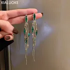 XIALUOKE цепочка из змеиных костей с кисточками, металлические листья, Зеленый Кристалл, серьги-капли для женщин, стразы, серьги, свадебные украшения, 2022