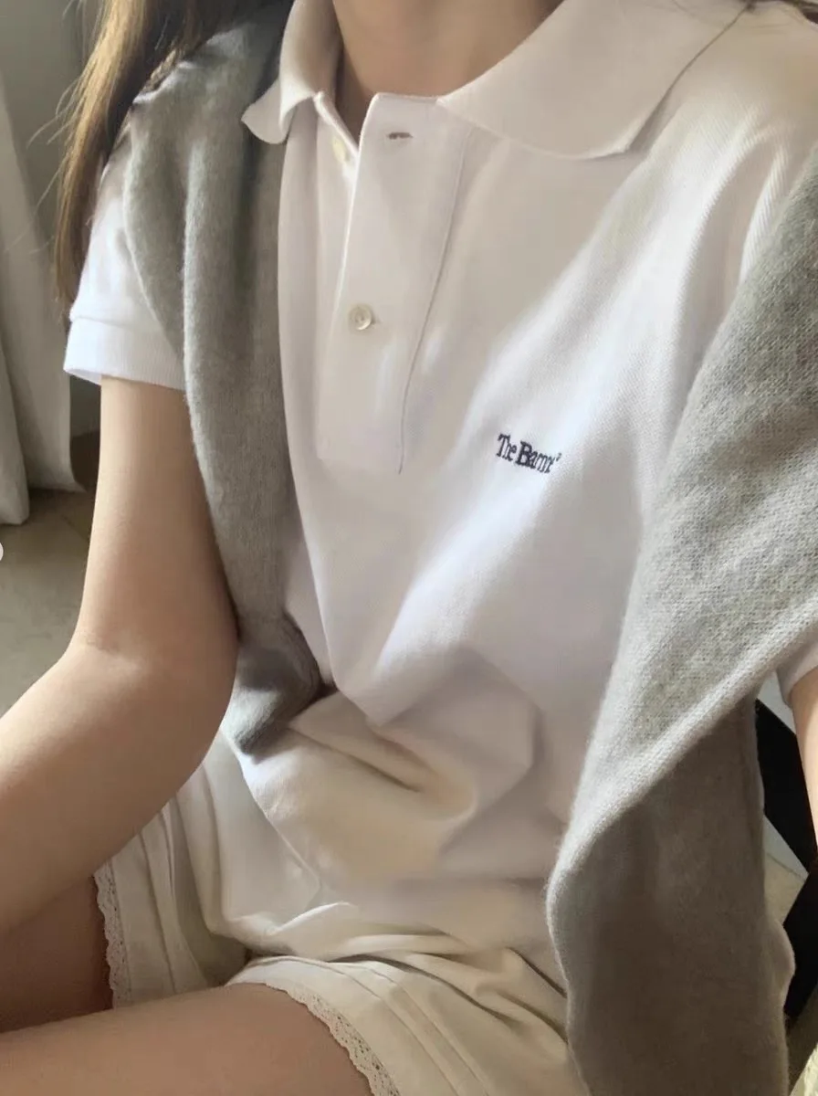 South korea the Barnnet Eight Milk Small Letter Embroidery Button Polo Lapel Loose Casual Short sleeve T-shirt Women