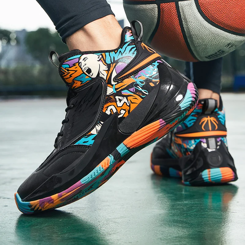 Couple Graffiti Basketball Shoes Unisex Leather Mesh Large Size Non-slip Wear-resistant Soft And Comfortable