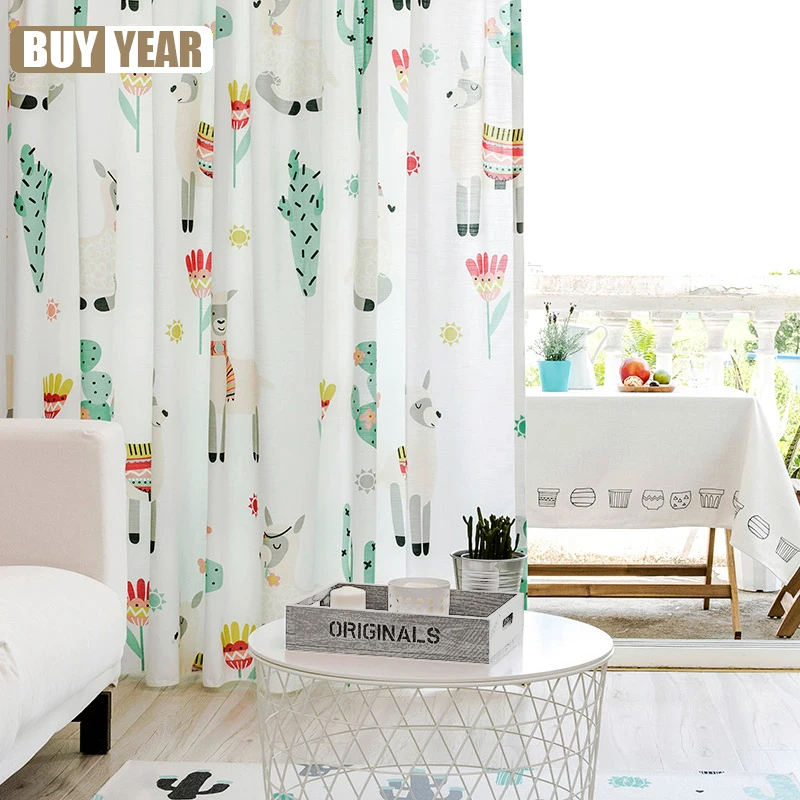 

Semi Blackout Curtains for Living Room Creative Curtains for Kids Bedroom Cactus Alpaca Printed Curtain Cotton Linen Drapes