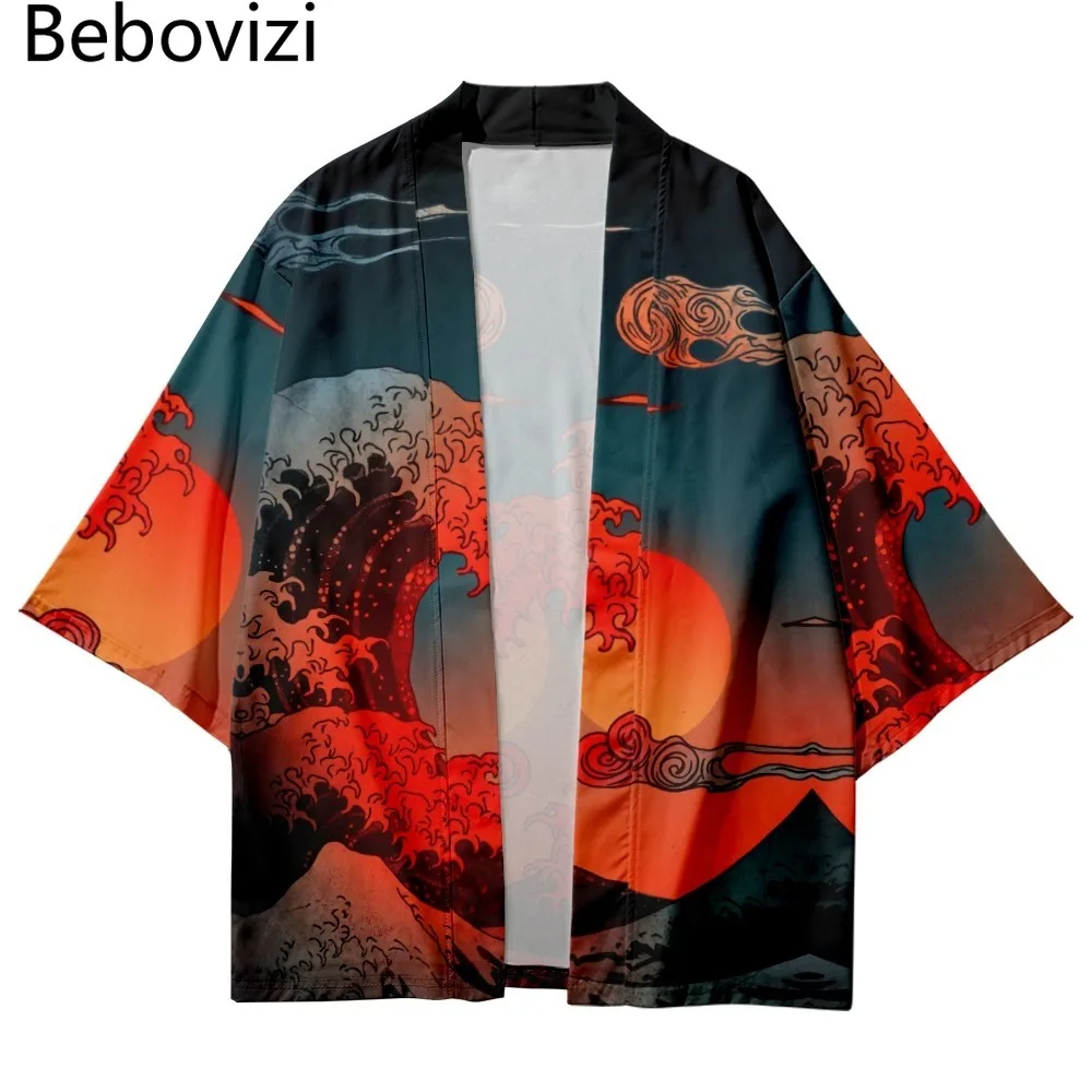 

Traditional Kimono Men Women Yukata Kanagawa Waves Red Sun Print Japanese Cardigan Cosplay Haori Samurai Clothing Streetwear