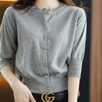 limiguyue cotton knitting tops women loose o neck tees slim casual chic buttons t shirts elegant summer cardigans simple j629