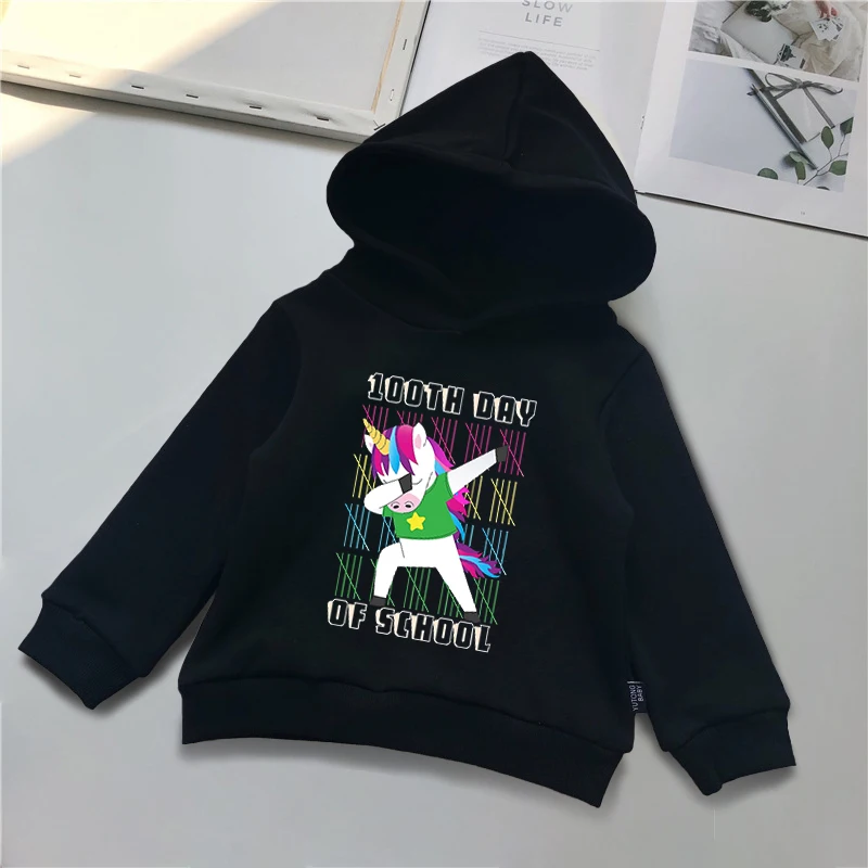 

100 days of school Childrens Hoodie Thickened Sweater 2-14Y Teenagers Loose Hooded Top Coat Boy Spring Autumn unicorn Sweatshirt