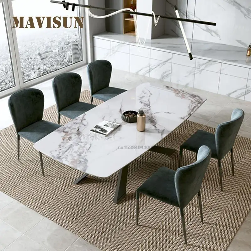 

High-End Custom Natural Marble 1.6m Rectangular Table Set With 6 Chairs For Dinner Classic Design Popular Nordic Furniture