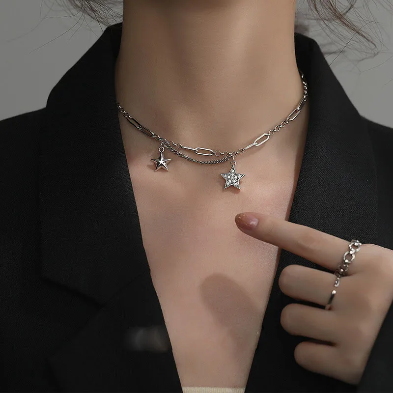 

Shiny Star Layered Tassel Choker Necklace Jewelry for Women Girl Fashion Pentagram Silver Color Chain Zircon Charm Necklaces
