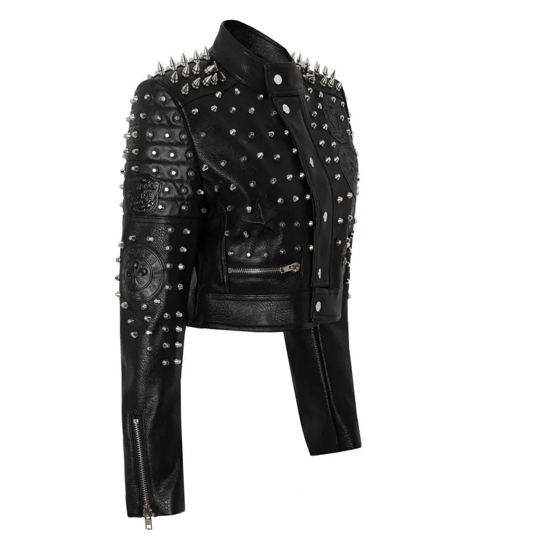 Ladies autumn and winter new street rock motorcycle punk style badge stitching heavy industry rivet short leather jacket