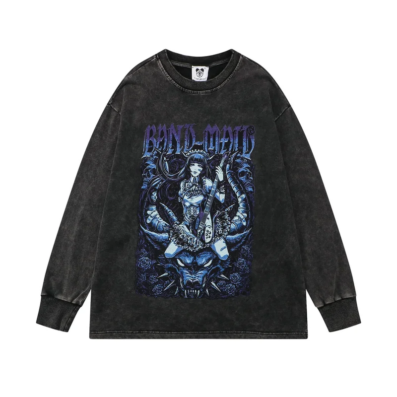

Autumn Oversized Washed Distressed Pullover Gothic Girls Print Sweatshirt Anime Casual Loose Cotton Harajuku Fashion Sweat Shirt