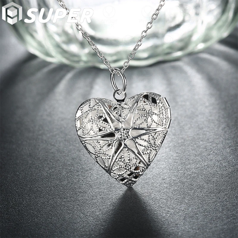 

925 Sterling Silver 18 Inch Snake Chain Heart-Shaped Photo Frame Necklace For Women Fashion Wedding Party Charm Jewelry