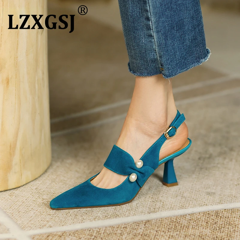 

2022 Summer New Party Prom Women Slingbacks Pumps Kid Suede Sandals Fashion Pointed Toe High Heels Shoes Woman Heels For Ladies