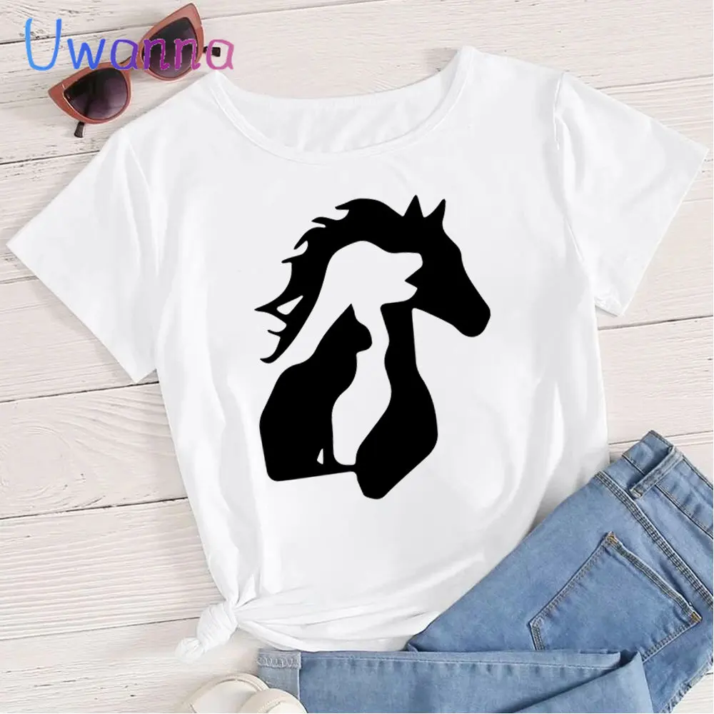 

Dog Cat And Horse Black T-shirts Top Hop Funny Hipster New T Shirt Women Streetwear Vintage Kawaii Tshirt Cheap Cool Shirts