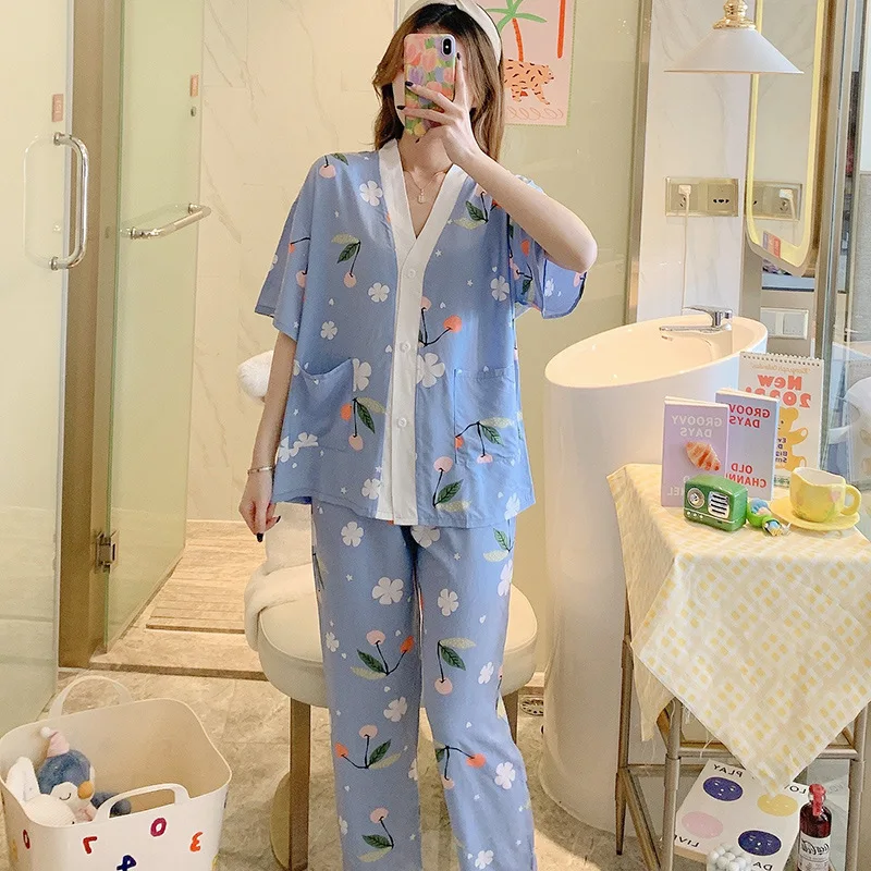 Floral Print Pajamas for Women V-Neck Half Sleeve Lounge Cotton Sleepwear Comfy Soft Long Button Down Pjs Set 2 Piece Sleep Set