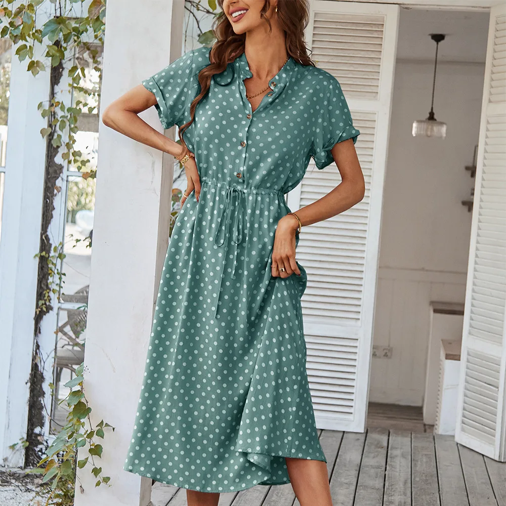 

Elegant Women's Green Polka Dot Dress 2023 Summer Women's Casual V-neck Short Sleeve Button Lace Up Fashion Beach Style Dresses