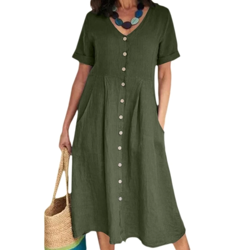

Summer Skirt with Pocket Dress Short Sleeve V Neck High Waist Dress for Teens 57BD