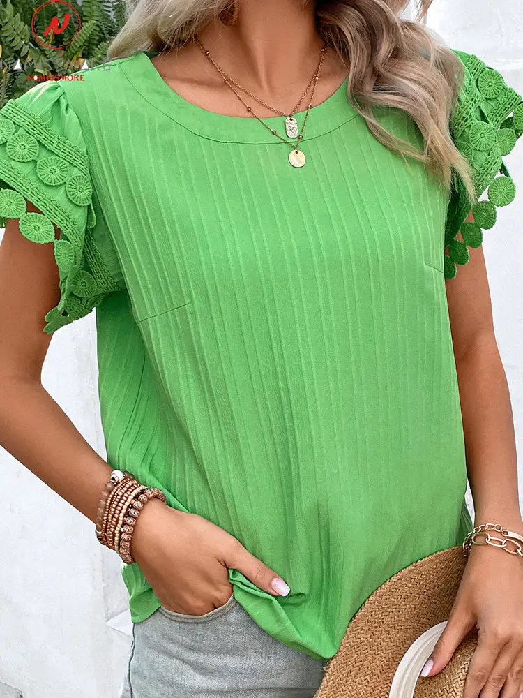 

Модные женские летние однотонные футболки, ажурные дизайнерские кружевные пуговицы, Декор, круглый вырез, короткий рукав, повседневные сво...