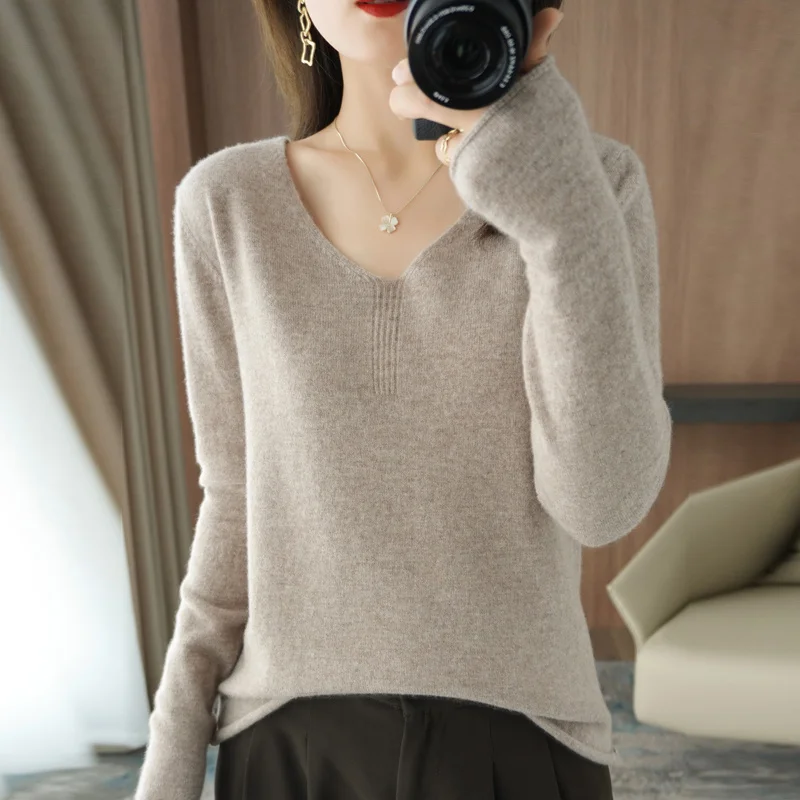 

New Fashion Spring Autumn Women Wool Sweater V-Neck Solid Color Pullover Long Sleeve Knitted Sweater Free Shipping