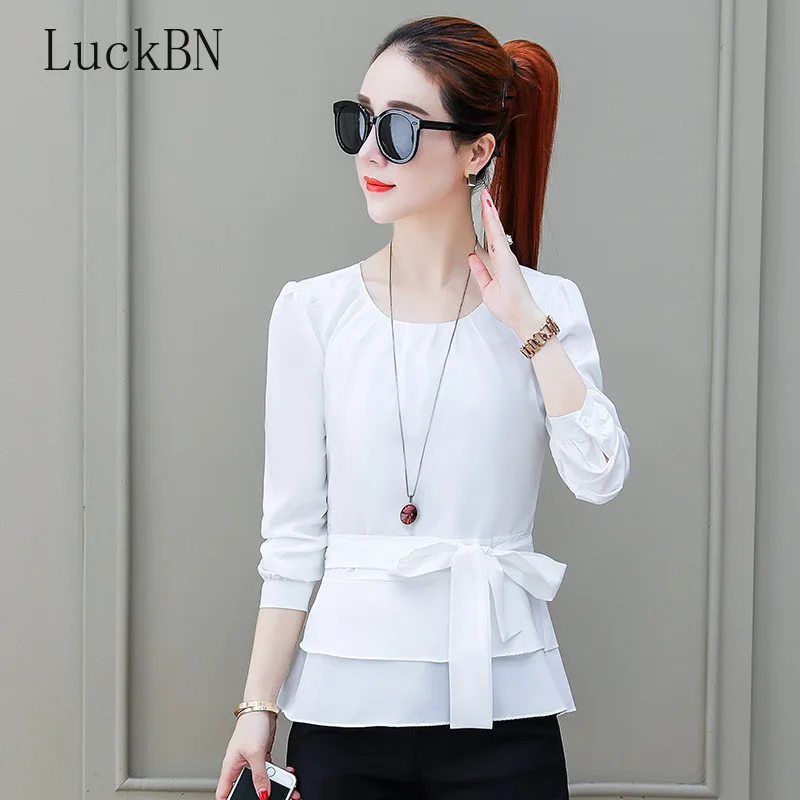 Butterfly Shirt OL Blouse Cherry White O-neck Long-sleeved Tops Spring Large Size 3XL Shirts Elegant Autumn New Feminino Camisa