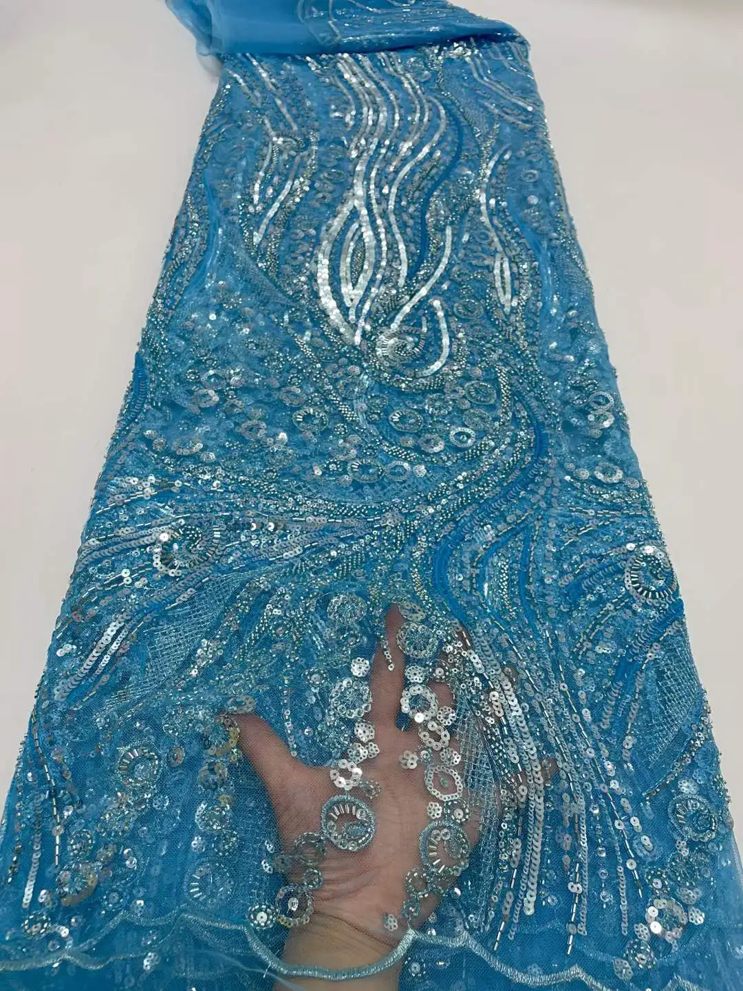 

Luxury Beads Lace Handmade Fabric French 5Yards Wedding Dress Latest Nigeria Mesh Embroidery Sequins White For Woman Dress Party