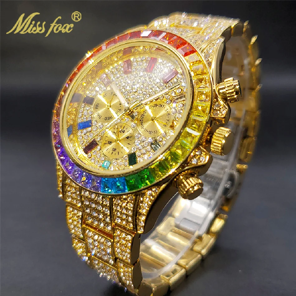 

Gold Men Watch With Rainbow Moissanite Bezel HOT Chronograph Three Dial Waterproof Watches For Male Sport Stylish Timepieces