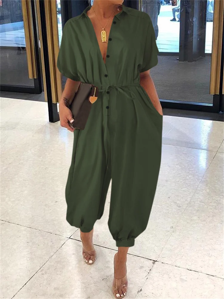 

2021 модные комбинезоны карго Celmia Женские однотонные комбинезоны летние повседневные брюки-султанки с коротким рукавом и отложным воротнико...