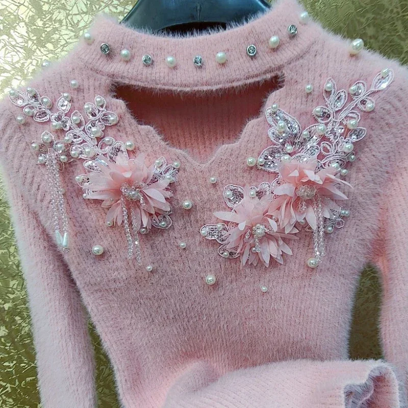 Свитер женский в китайском стиле милый розовый утолщенный Блестящий пуловер из