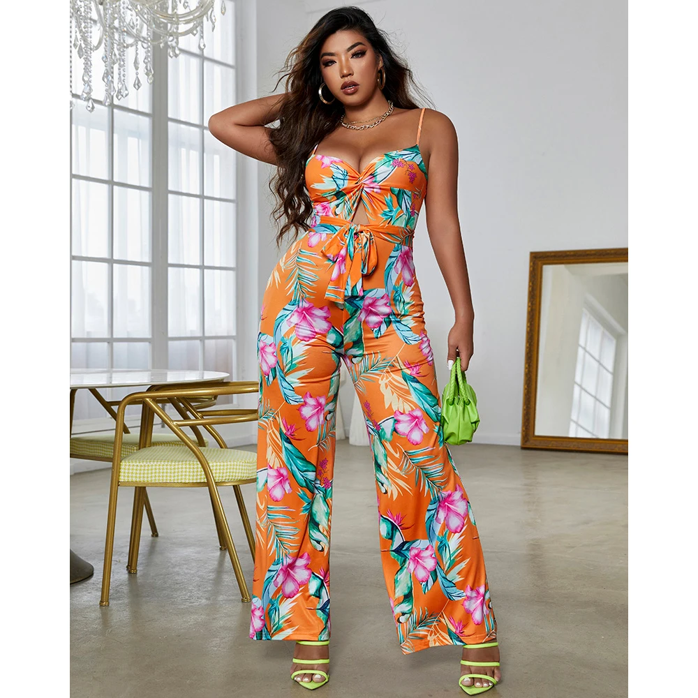 

Chic Me Women Tropical Print Twist Design Belted Open Back Sexy Bodycon Long Jumpsuit One Piece Suit Casual Clothes 2022 Summer