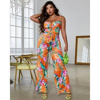 chic me women tropical print twist design belted open back sexy bodycon long jumpsuit one piece suit casual clothes 2022 summer