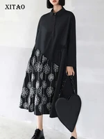 xitao pleated dress fashion new women elegant pleated pullover goddess fan print pattern 2021 autumn loose dress top wmd2575