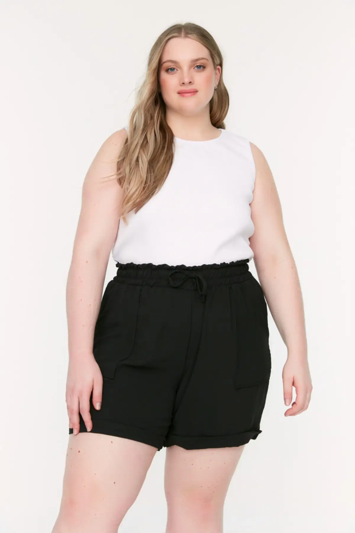 

Women's Shorts Black Elastic Waist Tie Detail Woven & Bermuda New Summer Bermuda Basic Short Pants Mini Trousers