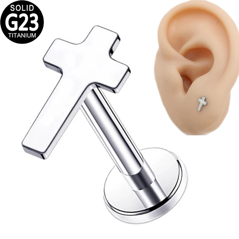 G23 Titanium Labret Ring Lip Piercing Flat Cross Top Internally Threaded Helix Earrings Ear Cartilage Tragus Lip Ring Jewelry