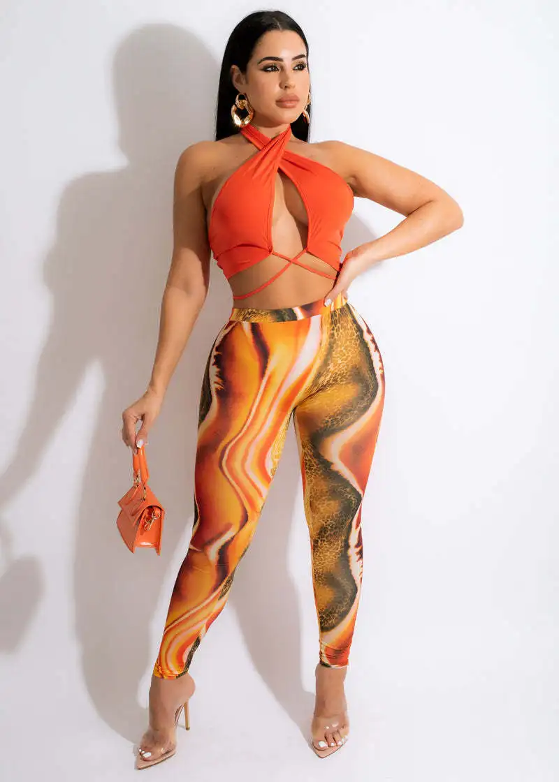 

Sexy Two Piece Set Summer Women Solid Halter Cross Backless Bandage Crop Top Printed Pants Matching Set Streetwear Club Outfits